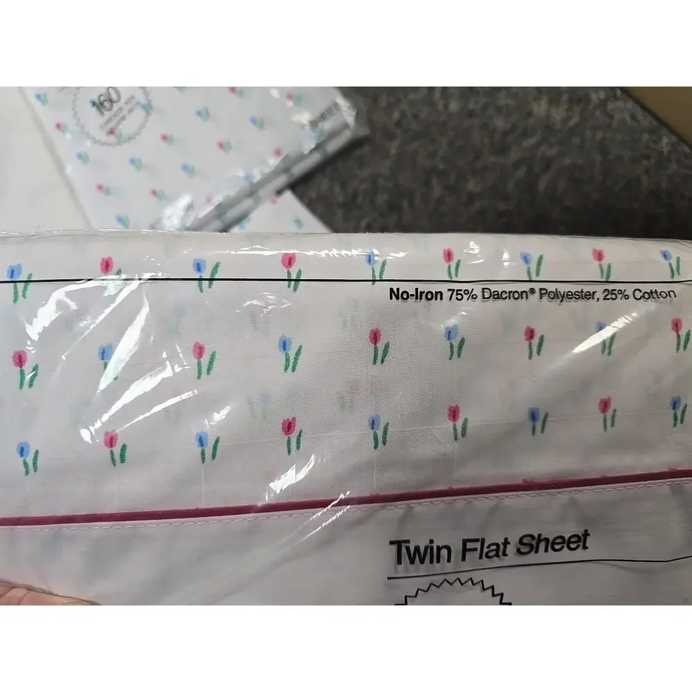 Lot of‎ 5 Vintage JC Penney Stockholm White Tulips No-Iron Twin Flat Sheet Set